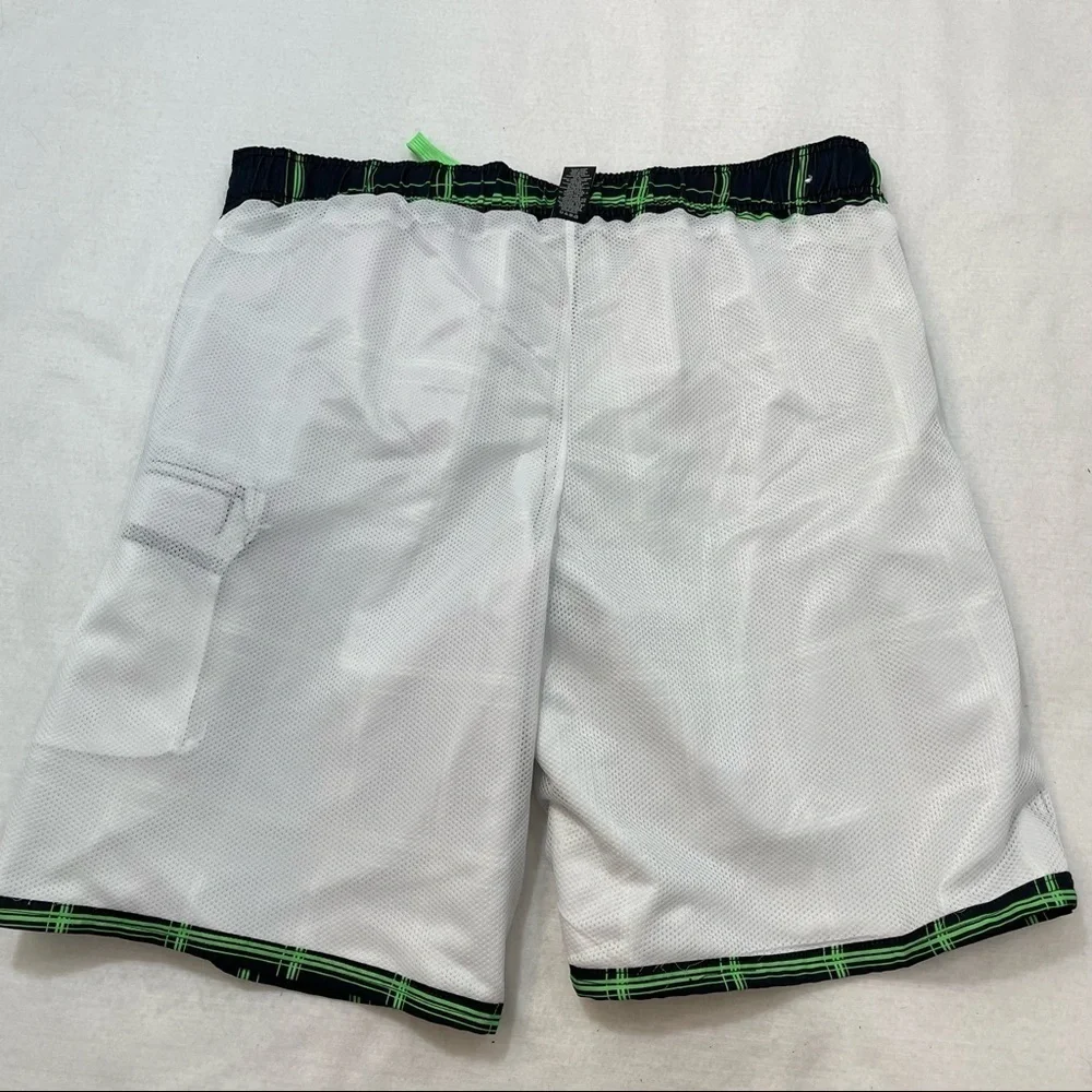 OP lined swim trunks black & green plaid side pocket flat front elastic back XL
